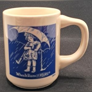 Vintage 1914 Morton Salt Coffee Mug Cup Blue White “When It Rains It Pours!”
